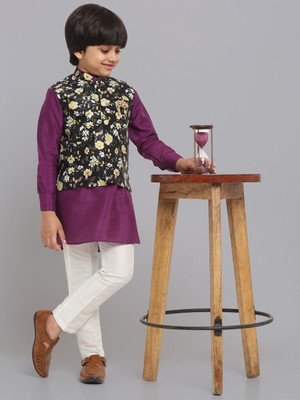 RCENSA Boys Festive & Party Kurta, Waistcoat and Pyjama Set(Purple Pack of 1)