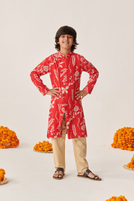 Pspeaches Boys Festive & Party Kurta and Pyjama Set(Red Pack of 1)