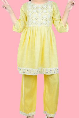 BURBN Girls Festive & Party Kurta and Pyjama Set(Yellow Pack of 1)