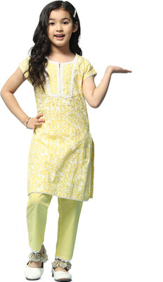 BIBA Girls Casual Kurta and Trouser Set(Yellow Pack of 2)