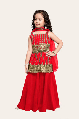 Tulsi Creation Girls Wedding Kurta and Palazzo Set(Red Pack of 1)