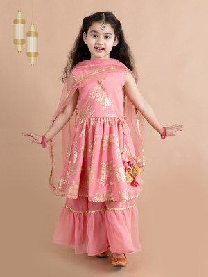 Pspeaches Girls Festive & Party Kurta and Pyjama Set(Orange Pack of 1)