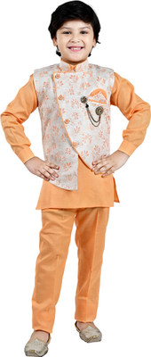 BT DEZINES Boys Festive & Party Kurta, Waistcoat and Pyjama Set(Orange Pack of 1)