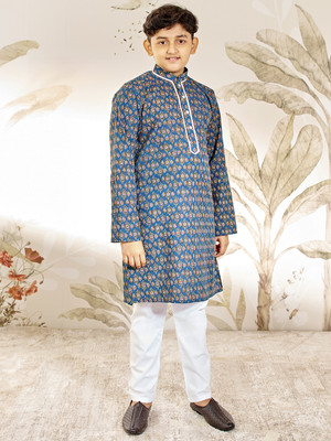 VASTRAMAY Boys Festive & Party Kurta and Pyjama Set(Blue Pack of 1)