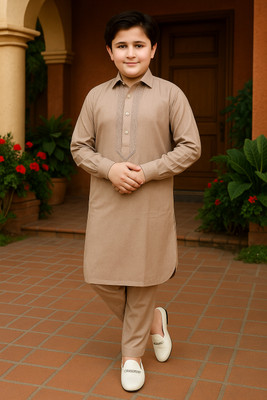 One Fort Boys Festive & Party Pathani Suit Set(Beige Pack of 1)