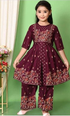 MJDESIGNING Girls Festive & Party Kurta and Palazzo Set(Maroon Pack of 1)