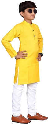 VDC CREATIONS Baby Boys Festive & Party Kurta and Pyjama Set(Yellow Pack of 1)