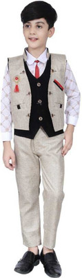 NVH Boys Festive & Party Shirt, Waistcoat and Pant Set(Beige Pack of 1)