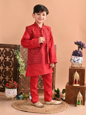 Superminis Baby Boys Festive & Party Waistcoat and Pyjama Set(Maroon Pack of 1)