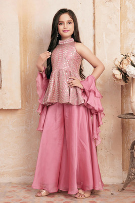 Sashay Boutique Girls Festive & Party Kurta and Palazzo Set(Pink Pack of 1)