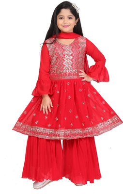 BISAL Girls Festive & Party Angarkha and Sharara Set(Red Pack of 1)