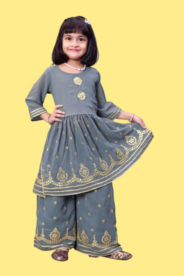 Agnivesha Baby Girls Festive & Party Kurta and Palazzo Set(Grey Pack of 1)