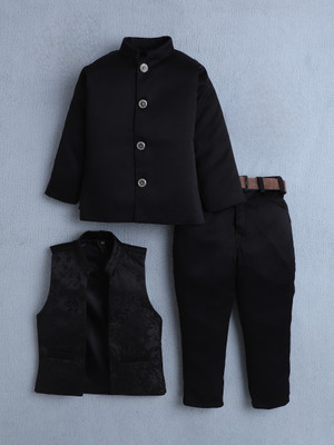 Fourfolds 3 Piece Indo Western Jacquard Floral Solid Boys Suit