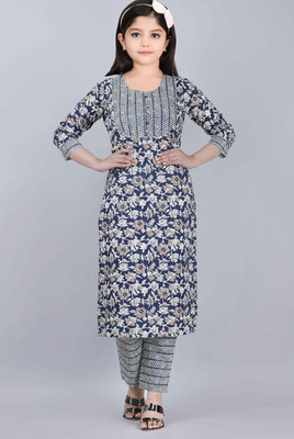 Various Vault Girls Casual Kurta and Pyjama Set(Blue Pack of 1)