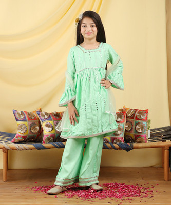 CUTIEKINS Girls Festive & Party Kurta and Palazzo Set(Light Green Pack of 1)