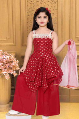 Rania Dresses Girls Festive & Party Kurta and Palazzo Set(Red Pack of 1)