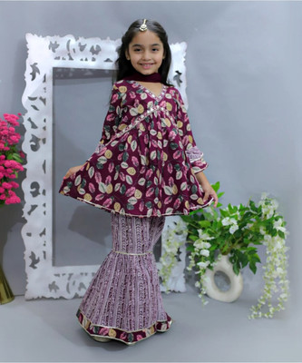 Utsaw Girls Festive & Party Angarkha and Sharara Set(Maroon Pack of 1)