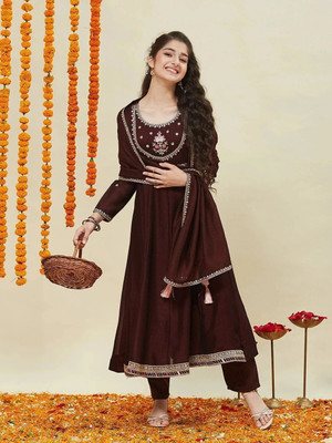 Curly Tales Girls Festive & Party Kurta, Pyjama & Dupatta Set(Brown Pack of 1)