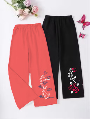 K M R Capri For Girls Casual Solid, Floral Print Polycotton(Multicolor Pack of 2)