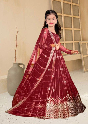 Harshiv Creation Girls Lehenga Choli Ethnic Wear Embroidered Lehenga, Choli and Dupatta Set(Maroon, Pack of 1)
