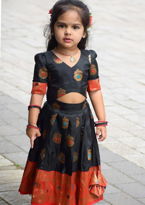 Kedar Fab Girls Lehenga Choli Ethnic Wear Self Design Lehenga Choli(Black, Pack of 1)