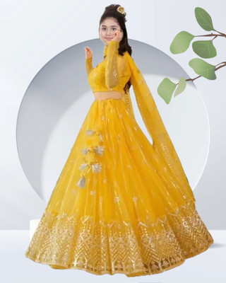 MAHAKALESWAR Girls Lehenga Choli Ethnic Wear Embroidered Lehenga, Choli and Dupatta Set(Yellow, Pack of 1)