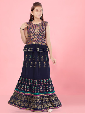 Aarika Indi Girls Lehenga Choli Western Wear Printed Lehenga Choli(Dark Blue, Pack of 1)