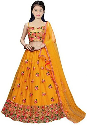 RUKHA FAB Girls Lehenga Choli Party Wear Embroidered Lehenga, Choli and Dupatta Set(Yellow, Pack of 1)