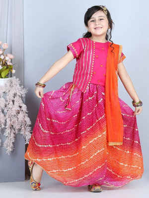 Kinder Kids Girls Lehenga Choli Ethnic Wear Embellished Lehenga, Choli and Dupatta Set(Pink, Pack of 1)