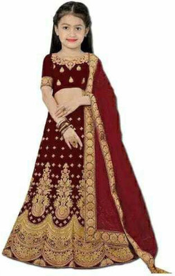 Dholaazon Girls Lehenga Choli Ethnic Wear Embroidered Lehenga, Choli and Dupatta Set(Maroon, Pack of 1)