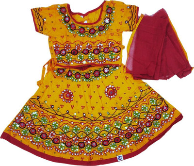 Fashionhub Baby Girls Lehenga Choli Ethnic Wear Embroidered Lehenga Choli(Yellow, Pack of 1)