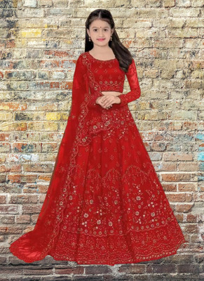 Ininja Enterprise Girls Lehenga Choli Ethnic Wear Embroidered, Embellished Lehenga, Choli and Dupatta Set(Red, Pack of 1)
