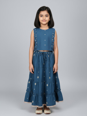 Biglilpeople Girls Lehenga Choli Ethnic Wear Printed Lehenga Choli(Dark Blue, Pack of 1)