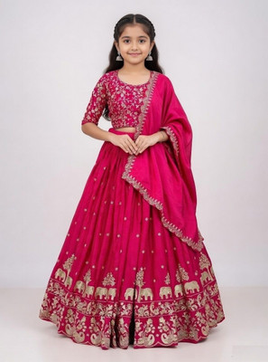 Happy Fashion Girls Lehenga Choli Ethnic Wear, Fusion Wear, Party Wear, Western Wear Embroidered Lehenga, Choli and Dupatta Set(Pink, Pack of 1)