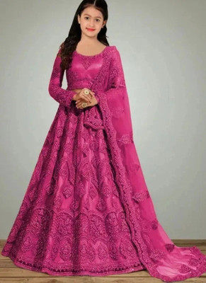 KESHAVI CREATION Girls Lehenga Choli Party Wear Embroidered Lehenga, Choli and Dupatta Set(Pink, Pack of 1)