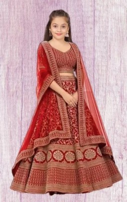 Women Wed Girls Lehenga Choli Ethnic Wear Embroidered Lehenga, Choli and Dupatta Set(Red, Pack of 1)