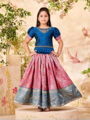 Aarika Indi Girls Lehenga Choli Ethnic Wear Embroidered Lehenga Choli(Blue, Pack of 1)