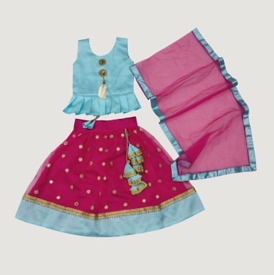 satyamfab Girls Lehenga Choli Ethnic Wear Embroidered Lehenga, Choli and Dupatta Set(Pink, Pack of 1)