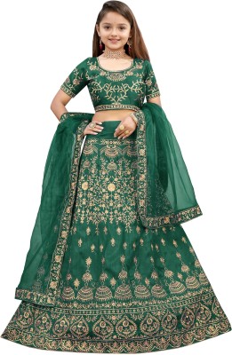 Aika Girls Lehenga Choli Ethnic Wear Embroidered Lehenga, Choli and Dupatta Set(Green, Pack of 1)