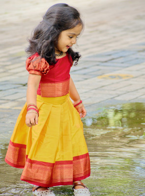 Kedar Fab Indi Girls Lehenga Choli Ethnic Wear Self Design Lehenga Choli(Yellow, Pack of 1)