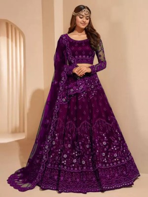 Gheludi Girls Lehenga Choli Ethnic Wear Embroidered Lehenga, Choli and Dupatta Set(Purple, Pack of 1)