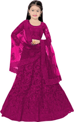 RUKHA FAB Girls Lehenga Choli Ethnic Wear Self Design Lehenga, Choli and Dupatta Set(Purple, Pack of 1)