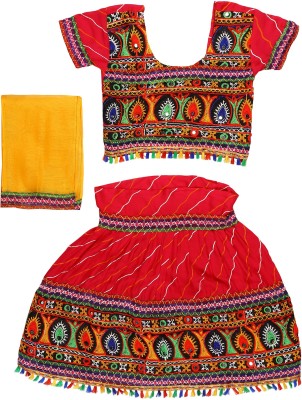 Arshia Fashions Girls Lehenga Choli Ethnic Wear Embroidered Lehenga, Choli and Dupatta Set(Red, Pack of 1)