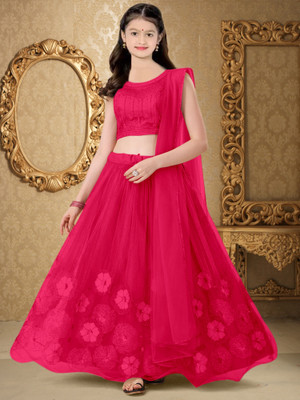 HouseOfCommon Girls Lehenga Choli Ethnic Wear Embroidered Lehenga, Choli and Dupatta Set(Pink, Pack of 1)