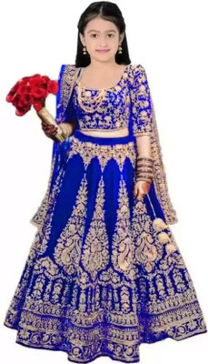 Indian Tulip Girls Lehenga Choli Ethnic Wear Embroidered Lehenga, Choli and Dupatta Set(Light Blue, Pack of 1)