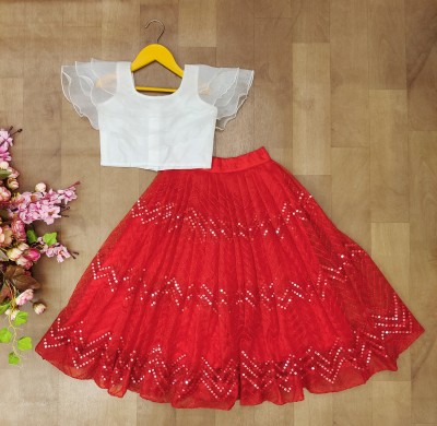 Delima Fab Girls Lehenga Choli Ethnic Wear, Fusion Wear, Party Wear Embellished Lehenga & Crop Top(Red, Pack of 1)