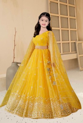F Plus fashion Girls Lehenga Choli Ethnic Wear Embroidered Lehenga, Choli and Dupatta Set(Yellow, Pack of 1)
