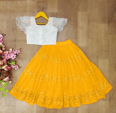 Delima Fab Girls Lehenga Choli Ethnic Wear, Fusion Wear, Party Wear Embellished Lehenga & Crop Top(Yellow, Pack of 1)