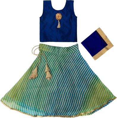 D9Kids Indi Girls Lehenga Choli Western Wear Embroidered Lehenga, Choli and Dupatta Set(Blue, Pack of 1)