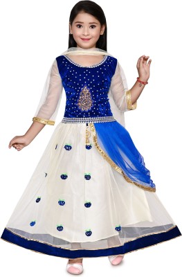 S K Dresses Girls Lehenga Choli Ethnic Wear Embroidered Lehenga, Choli and Dupatta Set(Blue, Pack of 1)